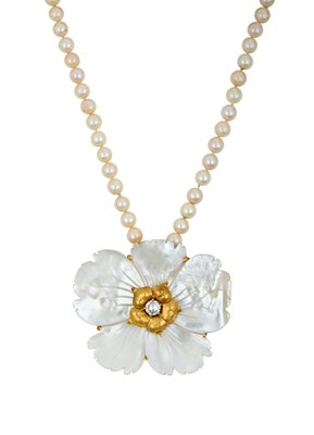 Lot 2245 - A Mother-of-Pearl and Cubic Zirconia Pendant...