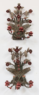 Lot 1296 - A Set of Four Painted Wrough Iron Three-Light...