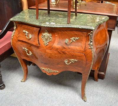 Lot 516 - French inlaid gilt metal mounted bombe commode with green marble mount