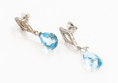 Lot 377 - A Pair of Blue Topaz and Diamond Drop Earrings,...