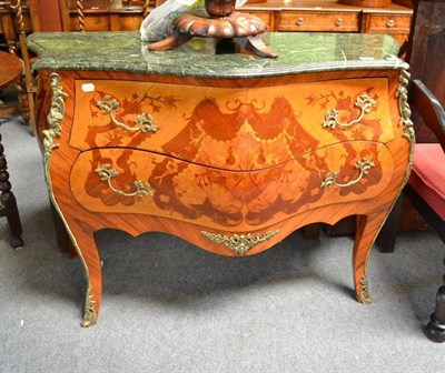 Lot 519 - French inlaid gilt metal mounted bombe commode with green marble top