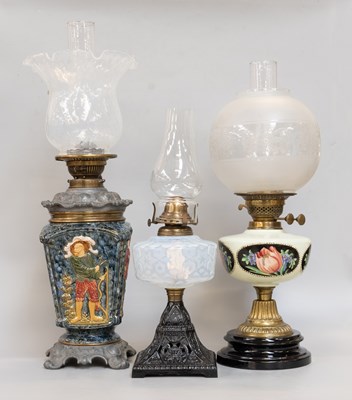 Lot 212 - Three Victorian Oil lamps, including a ceramic...