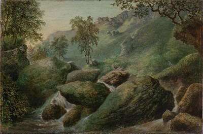 Lot 1084 - J. Preston (19th Century) Rocky waterfall amid...