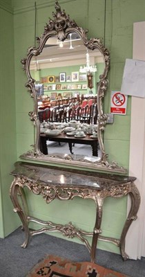 Lot 571 - A  French style console table in silver with marble top and similar over mantel wall mirror