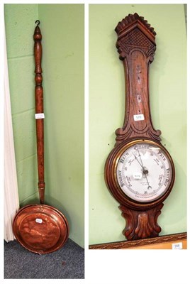 Lot 578 - Fattorini & Sons oak aneroid barometer and bed warming pan (2)