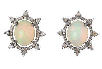 Lot 2393 - A Pair of Opal and Diamond Cluster Earrings...