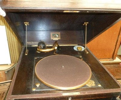 Lot 617 - HMV gramophone in oak cabinet, small oak roll top desk, a blanket chest and five boxes of...