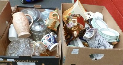 Lot 653 - Assorted decorative ceramics, 1930's pottery, tea and dinner wares, glass ware, two footstools...