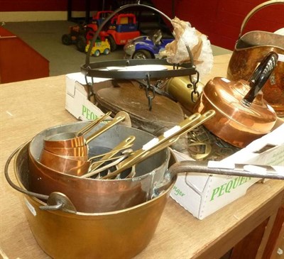 Lot 655 - Set of graduated copper saucepans, jam pan, pair of bellows, Salter scales, etc