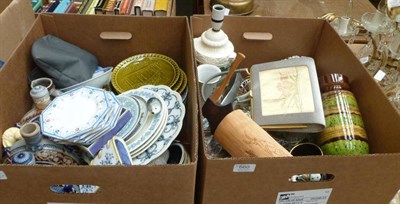 Lot 660 - Four boxes of decorative ceramics, glass, ornaments and collectables including Swarovski,...