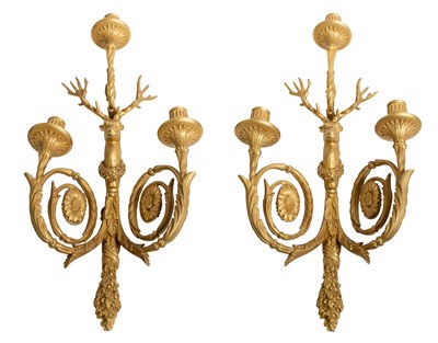 Lot 293 - A Pair of Gilt-Metal Three-Light Wall Sconces,...
