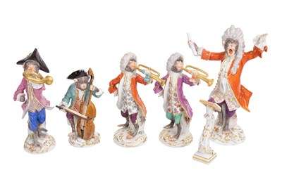 Lot 123 - A Meissen Porcelain Five-Piece Monkey Band,...