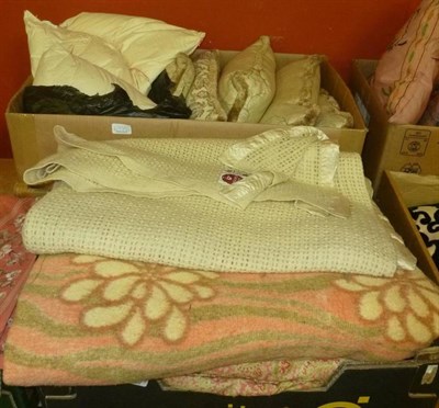 Lot 695A - Assorted textiles, cushions, blankets, curtains etc in seven boxes