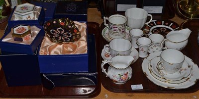 Lot 3 - Two trays including two Royal Crown Derby Imari plates, Derby Posies tea wares, trinket boxes...