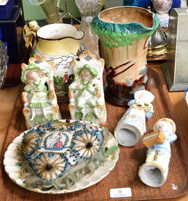 Lot 9 - First World Ware Valentine cushion, two pairs of bisque figures, a Beaconsfield plate, a...