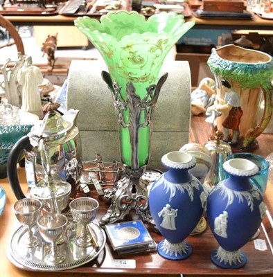 Lot 14 - A Continental bust of a lady, spelter and green glass vase, plated pocket watch, bell, plated ware