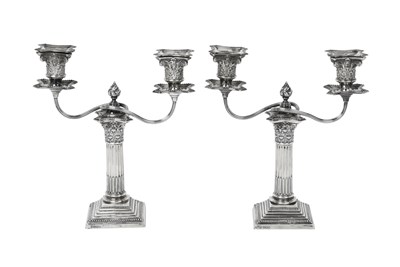 Lot A Pair of George V Silver Candlesticks With a Pair of Silver Plate Two-Light Branches