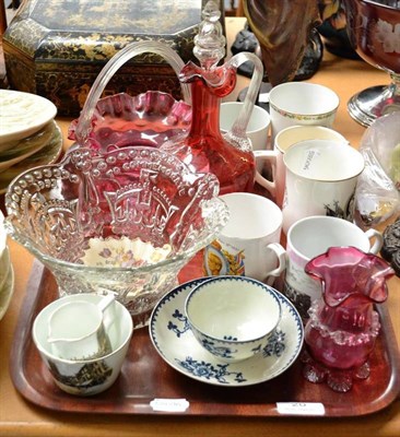 Lot 20 - Quantity of assorted china and glass including Liverpool tea bowl and saucer, cranberry glass,...