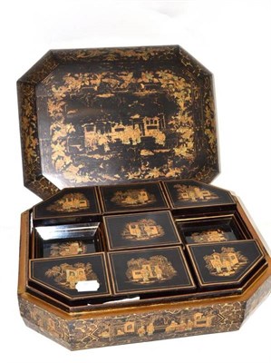 Lot 29 - A 19th century Chinese export lacquer box, fitted with further boxes and trays, 37cm wide