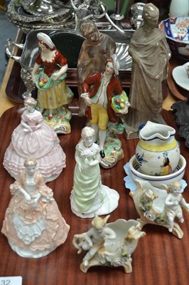 Lot 32 - Three Wedgwood figures, pair of pottery figures, Quimper small jug, etc