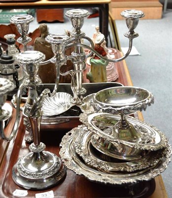 Lot 33 - Two small silver plated candelabra, one set of coasters and assorted silver plate