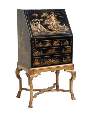 Lot 567 - A Black and Gilt Japanned Bureau on Stand,...