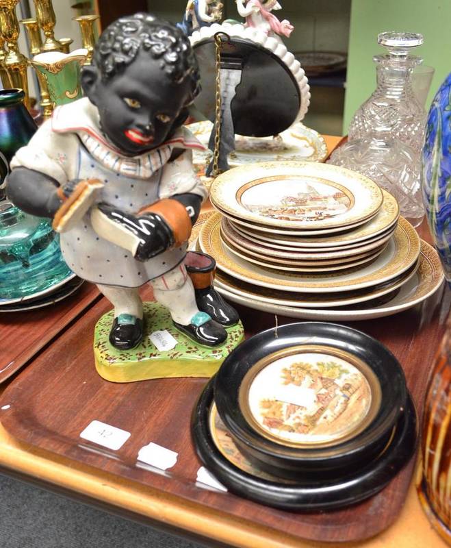 Lot 42 - Two pot lids in ebonised frames; assorted Prattware and similar plates; and a pottery figure of...