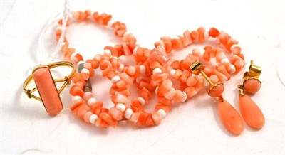 Lot 71 - A coral ring stamped '18K', pair of coral earrings stamped '18K', coral necklace