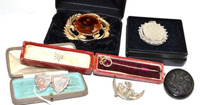 Lot 78 - A jet brooch, a silver locket/pendant in the Victorian style, a mizpah brooch, a tie pin and...