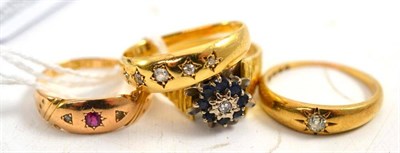 Lot 82 - An 18ct gold diamond five stone ring, an 18ct gold diamond solitaire ring, an 18ct gold diamond and