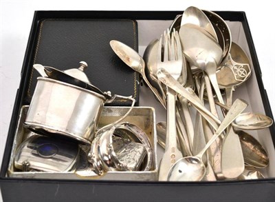 Lot 92 - Two silver vesta cases, silver salt, silver cigarette case, silver forks and tablespoons, etc