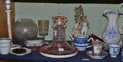 Lot 109 - A modern pottery jug and bowl, Staffordshire figure group, a blue and white pottery beaker with...