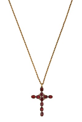 Lot 2371 - A Garnet and Split Pearl Cross Pendant on...