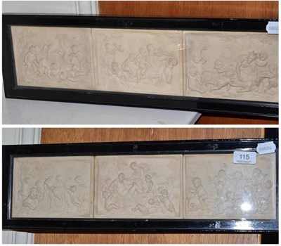 Lot 115 - Set of six plaster panels depicting a Bacchanalian revelry, in two glazed frames