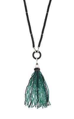 Lot 2137 - An Emerald, Cultured Pearl, Diamond and Black...