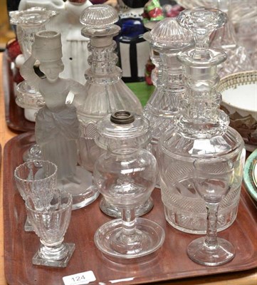 Lot 124 - A late 19th century lace makers lamp, pair of miniature clear glass oil lamps, cut glass...