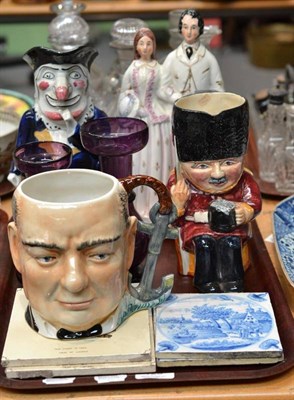 Lot 129 - Staffordshire figure group, Prince and Princess; pottery character jug lacking cover; two...