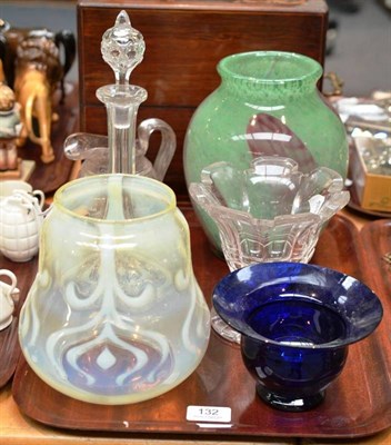 Lot 132 - A green art glass vase; a vaseline glass shade; blue glass bowl with flared rim; cut glassware, etc