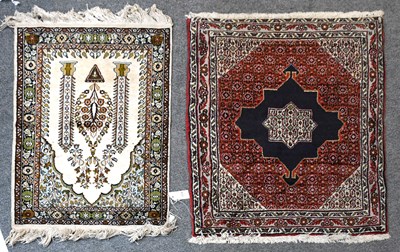 Lot 1118 - Kashmir Silk Prayer Rug, the cream field with...