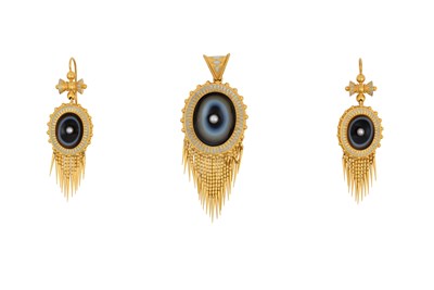 Lot 2043 - An Agate, Cultured Pearl and Enamel Pendant...