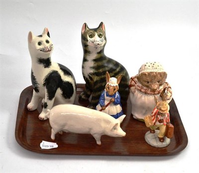 Lot 144 - Two Wemyss glazed cats, Beswick limited edition Mrs Tiggy-Winkle, Beswick pig and two figures