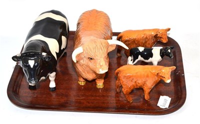 Lot 167 - Beswick friesian bull and calf, highland bull and two calves (5)