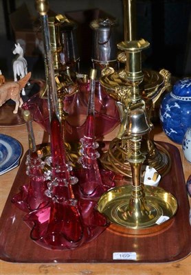 Lot 169 - Incomplete cranberry epergne; a lamp and pair of candlesticks