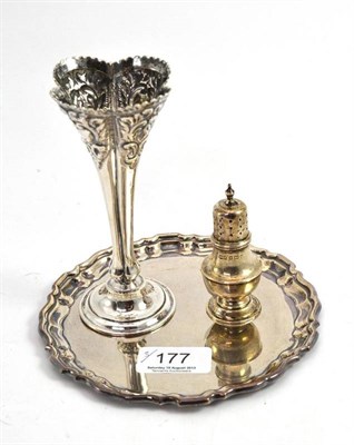 Lot 177 - Small silver waiter, trumpet vase and pepperette