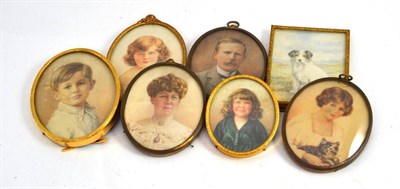 Lot 180 - Six assorted gilt metal framed portrait miniatures and another of a terrier in a rectangular...