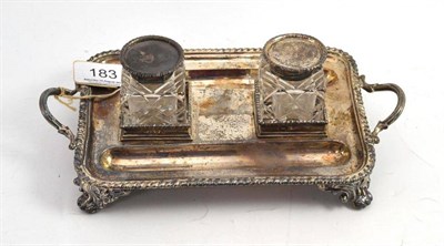 Lot 183 - Silver inkstand, the inkwells with silver mounts