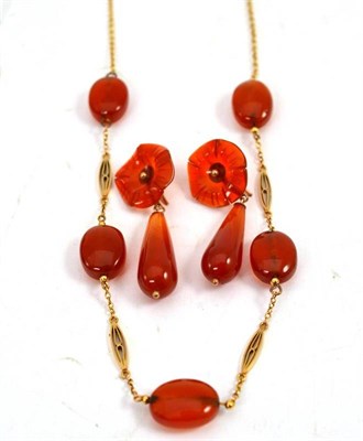 Lot 190 - A pair of Cornelian drop earrings and a Cornelian necklace