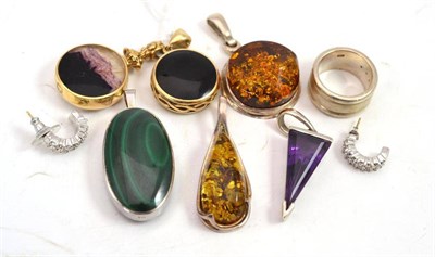 Lot 196 - Assorted 9ct gold and silver pendants and fobs, a silver ring and a pair of Swarovski earrings