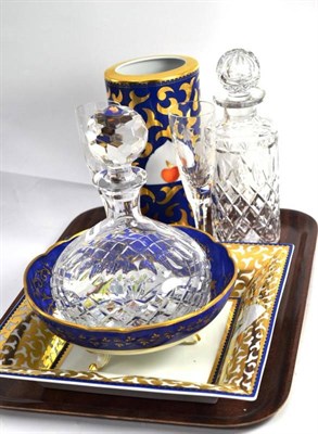 Lot 229 - Two cut glass decanters, assorted ceramics, a Rosenthal Bvlgari vase and dish, flutes etc