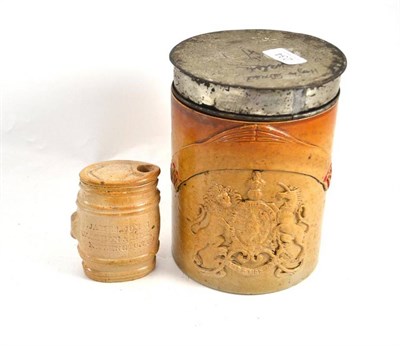 Lot 234 - A saltglaze stoneware jar sprigged with the royal coat of arms and a saltglaze flask impressed...